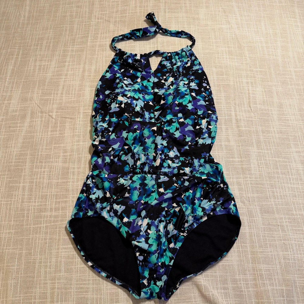 Speedo Womens XL Blue Floral Watercolor Halter One Piece Swimsuit‎ Ruched Padded